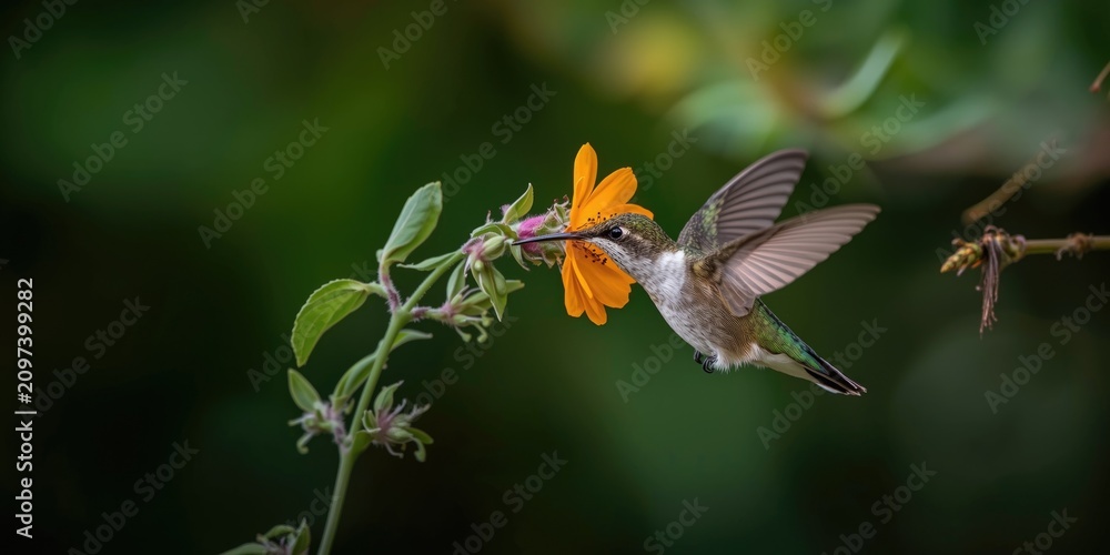 Obraz premium Hummingbird Feeding on Orange Flower in Soft Green Background