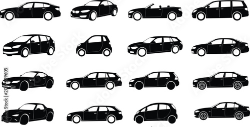Foto Vector collection of diverse car silhouettes including sedans, hatchbacks, and c