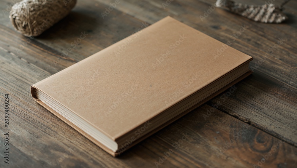 Fototapeta premium Closed Brown Hardcover Book on Wooden Table - Simple, Rustic, Natural Lighting