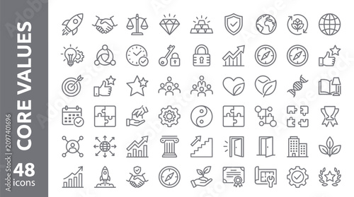 Core values icon set featuring innovation, justice, excellence, teamwork, and sustainability symbols for corporate design, branding, and creative projects