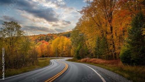 Curving Road Through Vibrant Autumn Forest in Soft Evening Light
