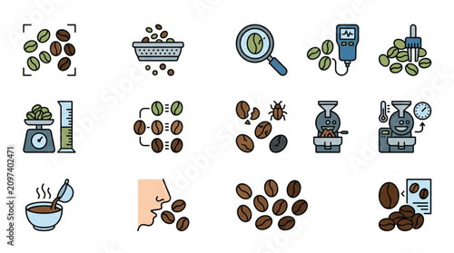 Coffee Bean Quality Control and Testing Icons Set.