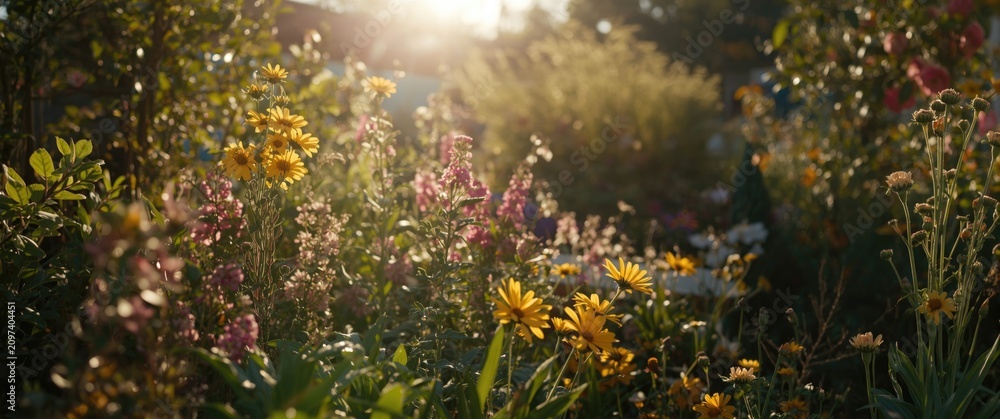 Obraz premium Vibrant Wildflowers Blooming in a Garden at Sunset with Soft Light