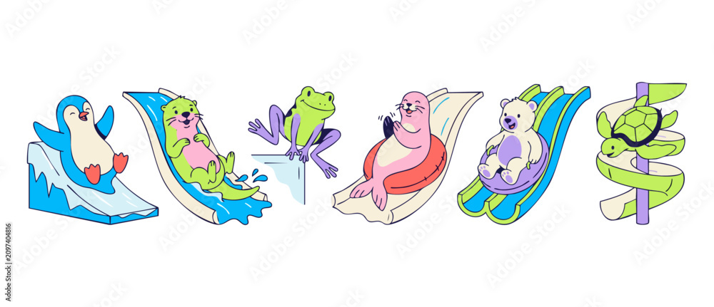 Obraz premium Cute cartoon animals sliding down water slides and ice slopes. Cute penguin, seal, otter, frog, polar bear, and sea turtle sticker set illustration. Colorful vector design on white background.