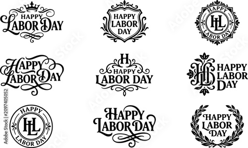 Set of vintage style happy labor day typography badges and decorative labels in black ink