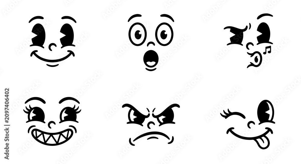 Fototapeta premium 70 Retro Cartoon Faces Vector Set, Vintage Animation Expressions, Classic Character Emoticons, Black and White Stylized Emotions 100