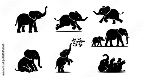 Fotografie 70 Set of 7 Black Elephant Silhouettes, Diverse Poses, Vector Graphics for Wildl