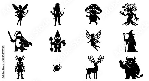 Canvas Print 70 Whimsical Fantasy Silhouettes: 12 Magical Creature Vector Icons for Enchanted
