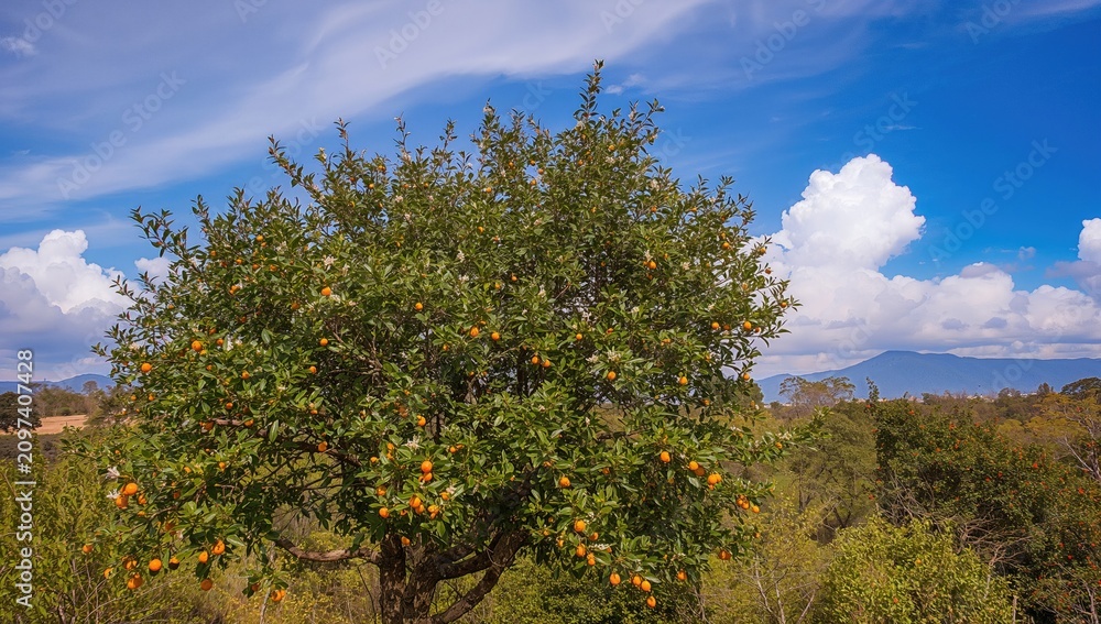 Fototapeta premium Orange Tree with Fruits Against a Blue Sky and Mountains in the Background