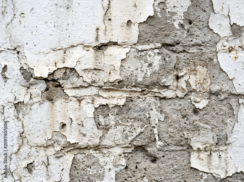 Fototapeta premium Closeup of old weathered white paint peeling off concrete wall surface