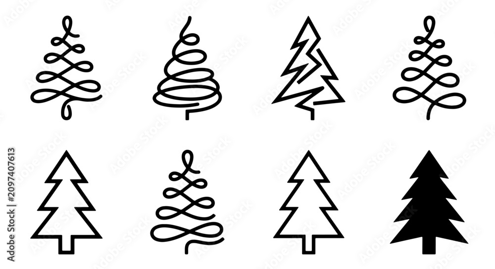 Obraz premium 70 Set of 8 Minimalist Christmas Tree Icons, Simple Line Art and Silhouette Vector Graphics for Holiday Design 100
