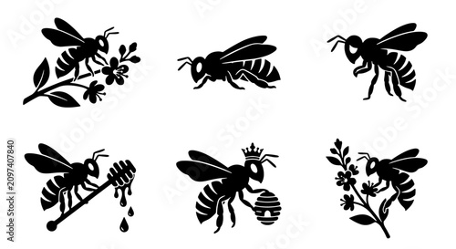 Konstfotografi 70 Six Black Silhouette Bee Icons, Insect Vector Graphics, Honeycomb and Flower