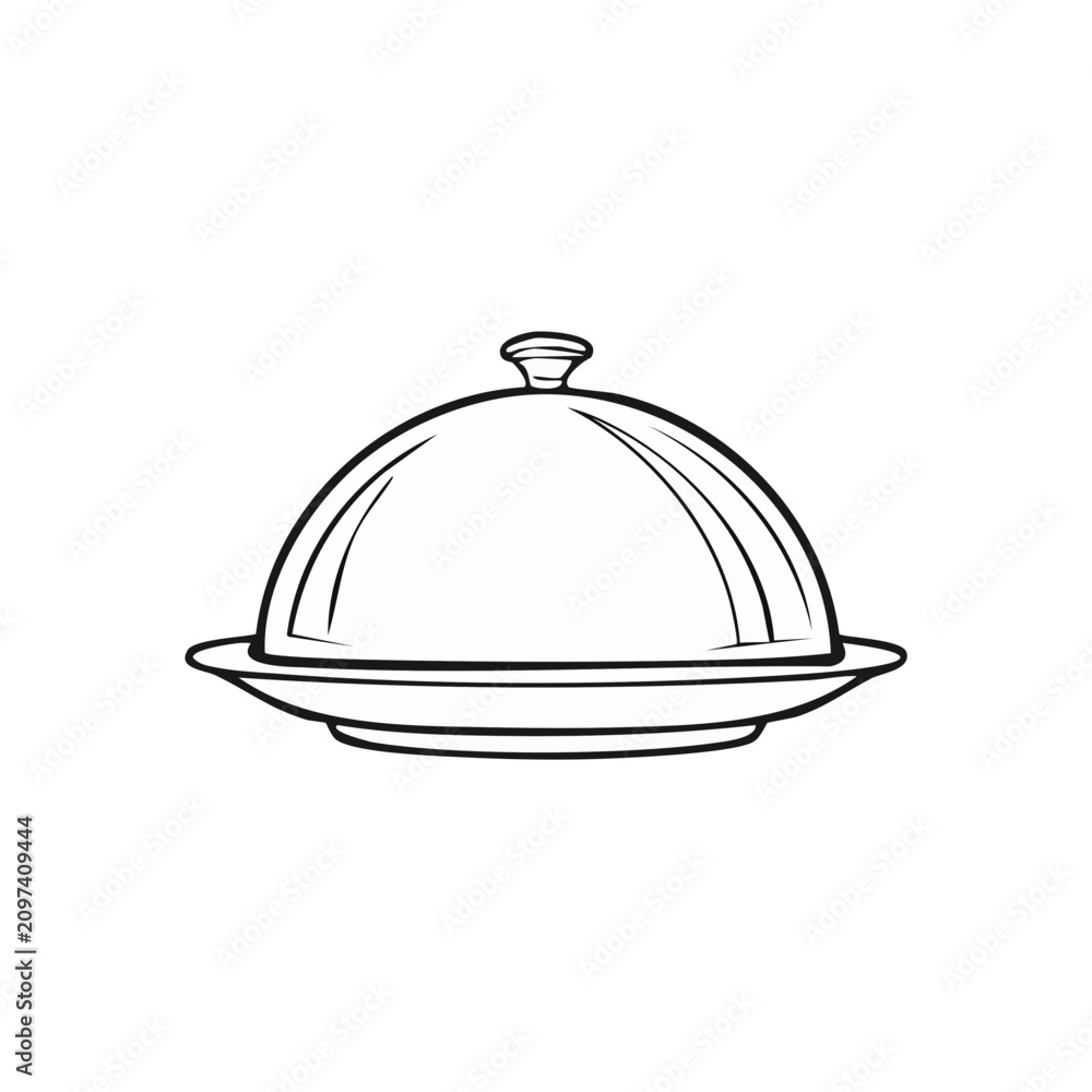 Fototapeta premium Single isolated food serving cloche with lid on a platter outline drawing