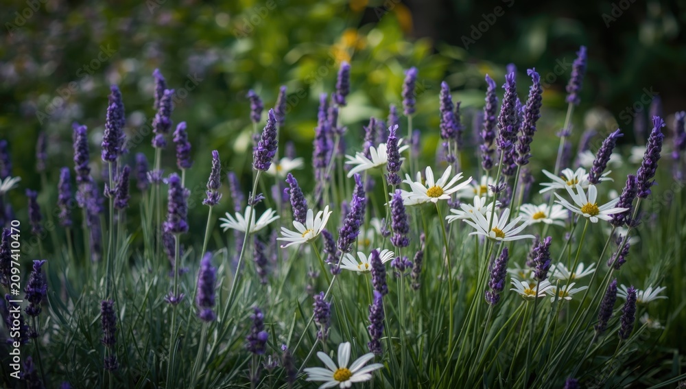 Obraz premium Lavender and daisies blooming in a garden setting