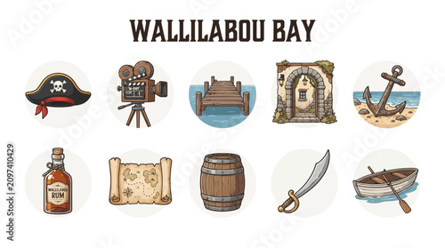 Fotografie Pirate icons set with Wallilabou Bay text
