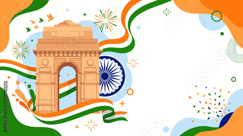 Celebrate India Independence Day with a festive illustration featuring India Gate and national tricolor flags