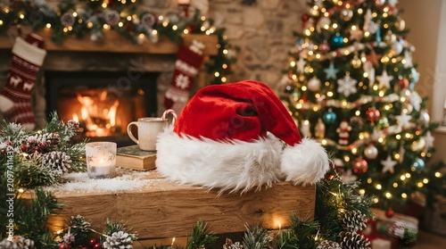 Classic Santa Claus Hat on Rustic Wooden Table with Christmas Lights