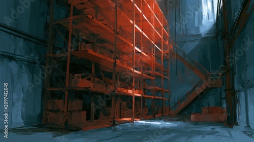 Dramatic Concept Art of a Dark Warehouse With Empty Shelves Showing Scarcity and Contrasting Light in an Oil Painting Style