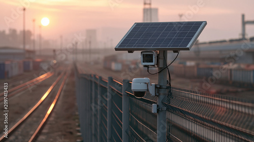 Solar powered security cameras monitor railroad tracks at sunrise. Surveillance technology for industrial safety and remote locations.