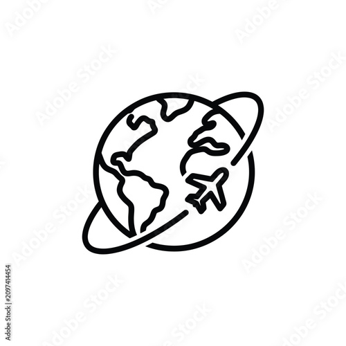 Airplane orbiting world globe travel outline icon with airplane aviation transport navigation
