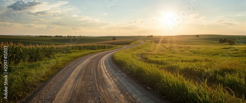 Winding Dirt Road Through Lush Green Fields at Sunset with Soft Light