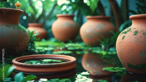 Stagnant water in a flowerpot saucer; clean water serving as a breeding ground for mosquitoes.