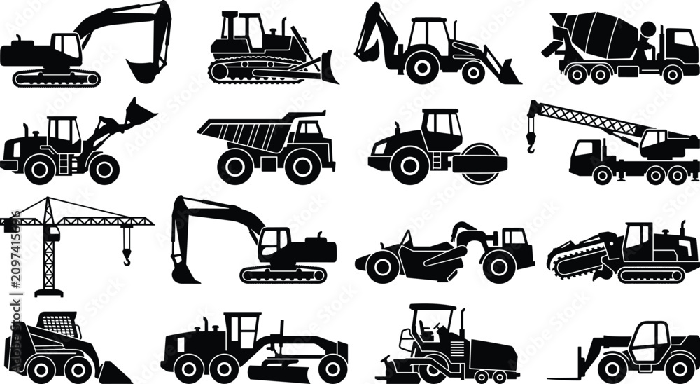 Obraz premium Collection of Electrical Infrastructure Silhouettes Featuring Transformers, Transmission Towers, and Wind Turbines