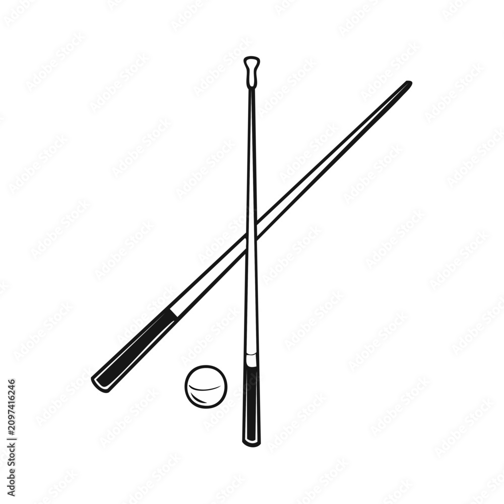 Obraz premium Two crossed billiard cues and a single ball vector illustration on white background