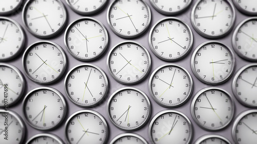 Modern wall clocks showing different time zones of world cities. 3D illustration
