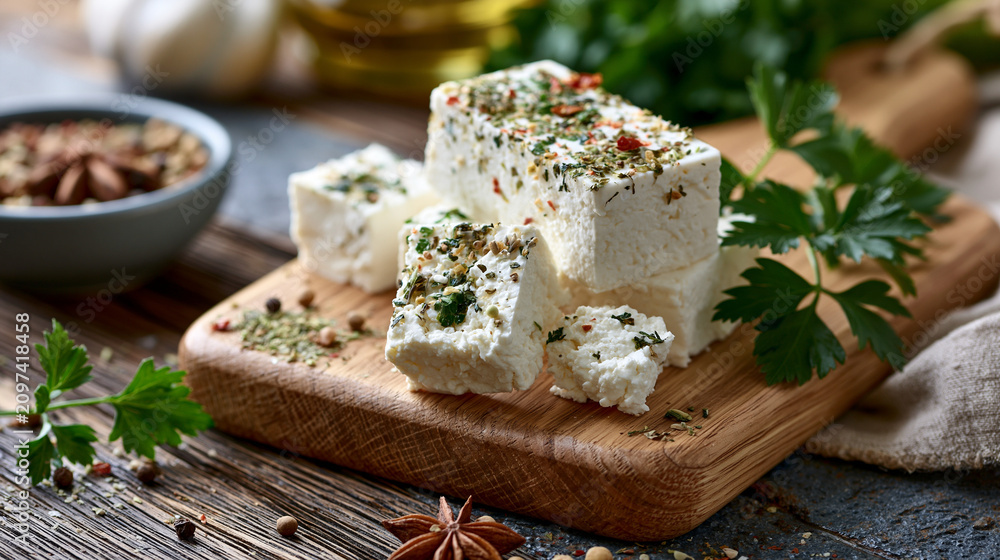 Fototapeta premium Homemade white cheese on a wooden cutting board garnished with seasonings spices and fresh parsley in bright daylight clean rustic still life homemade cheese cutting board