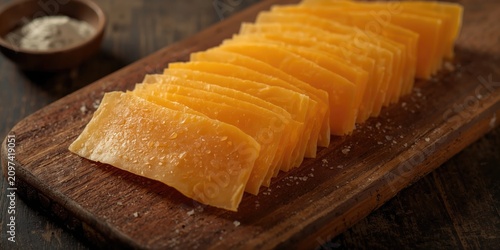 Sliced Aged Cheddar Cheese with Sea Salt on a Wooden Board