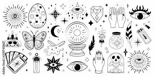 Картината върху платно Mystical Objects And Symbols Black And White Line Art Illustration