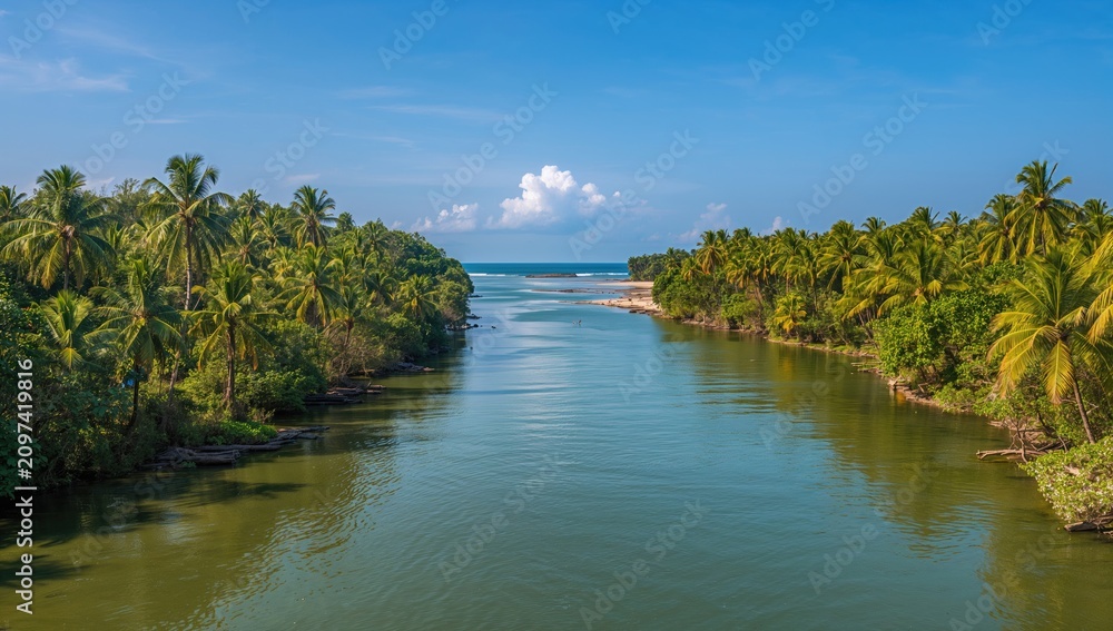 Fototapeta premium Tropical River Flowing Through Lush Palm Forest Under Clear Blue Sky