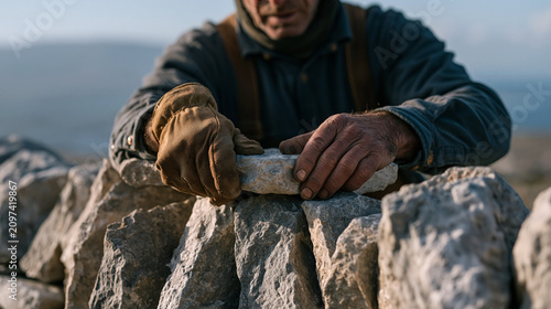 An Irish stone wall builder carefully selects and fits a flat limestone cap piece onto a dry-stone boundary wall, countryside field system, traditional agricultural heritage,