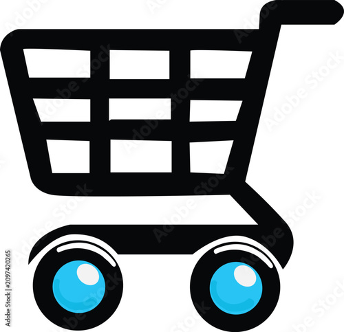 Shopping cart vector icon illustration with blue wheels for e-commerce website design