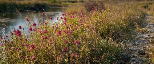 Vibrant coastal salt marsh plants blooming along estuarine water path