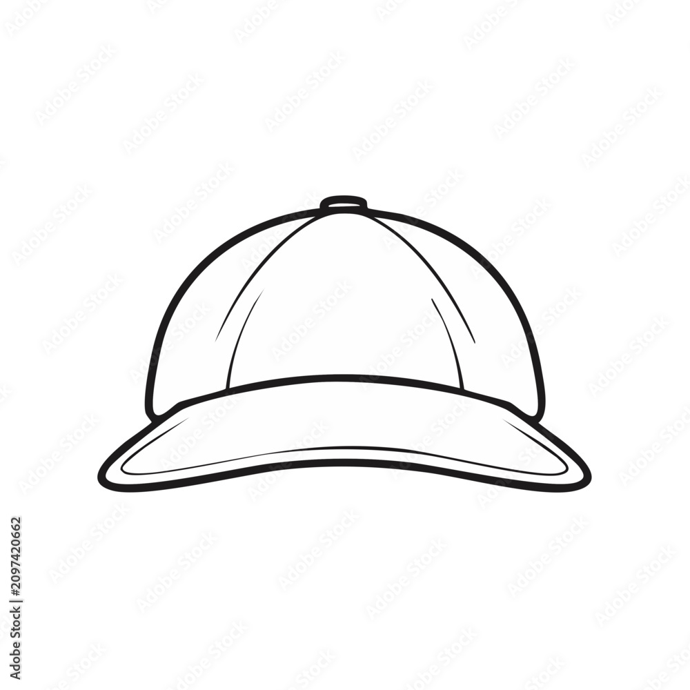 Fototapeta premium Simple outline drawing of a classic baseball cap, front view, vector illustration.
