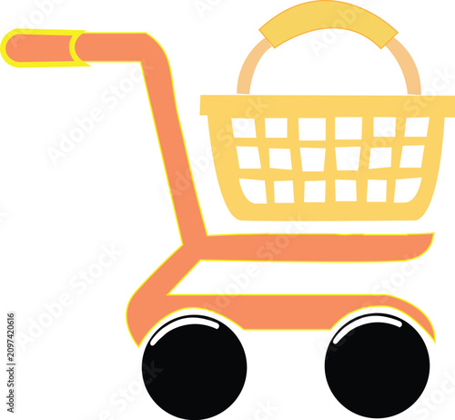 Vector shopping cart illustration with yellow grocery basket isolated on white background