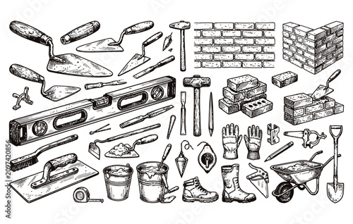Photos Masonry toolkit featuring essential bricklaying gear and site materials for buil