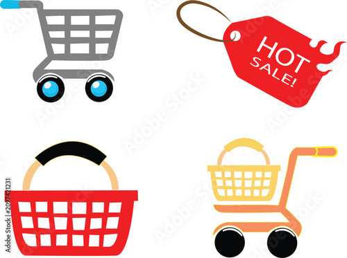 Collection of colorful shopping cart, basket, and promotional sale tag icons