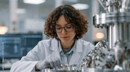 Quantum research physicist in a university clean room examining a cryogenic cooling chamber housing a superconducting processor, lab coat and gloves, data terminal glowing behind