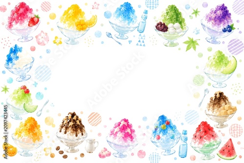 色とりどりのかき氷とフルーツが四方を彩る手描き水彩風のフレーム