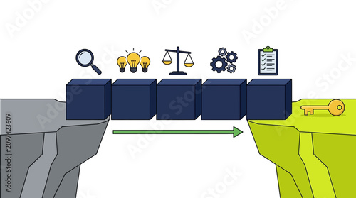 Strategic Business Bridge connecting cliffs with icons for research, ideas, law, operations, and planning ideal for corporate strategy presentations and problem-solving concepts.