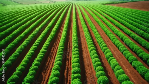 Overhead drone aerial view of a potato cultivation field, serving as a background for an agriculture concept