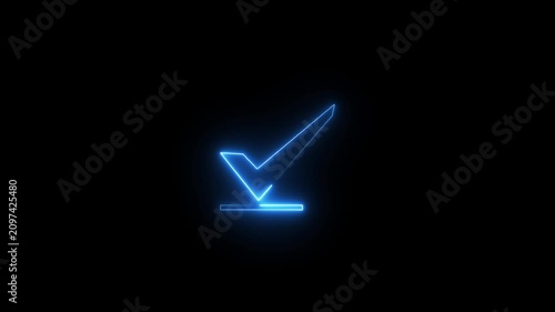 Neon check mark glowing against black background animated loop symbol for user interface.