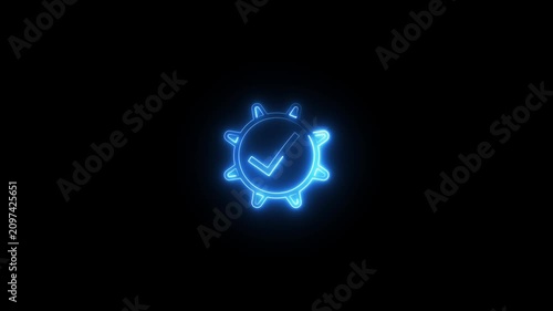 Neon blue gear icon with check mark glowing on black background for digital interface app.