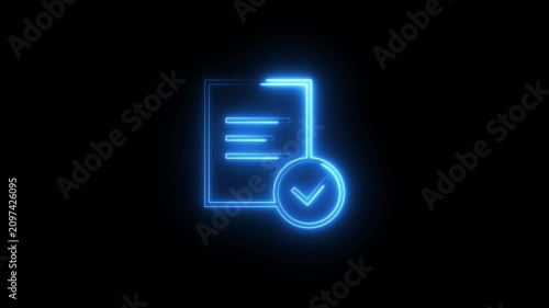 Neon document icon with checkmark symbol animation glowing blue light on black background.