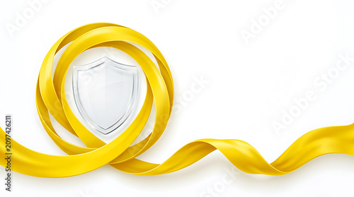 Shiny glass shield icon with a yellow swirling silk ribbon