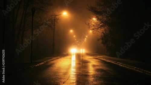 Empty road at night with glowing street lights reflecting on wet asphalt creating moody cinematic scene with deep perspective symmetry and mysterious atmosphere in urban environment after rain outside