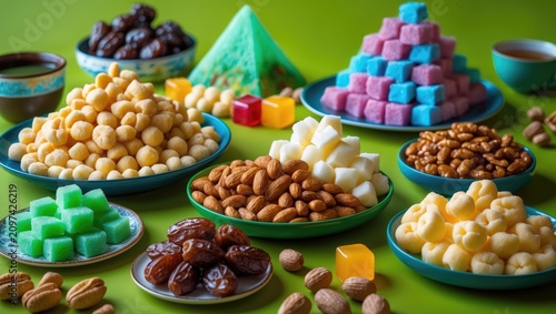 Tatar sweets for Ramadan - dish, dates, fruit cubes. Cotton candy sweet pyramid. Fruit tea. Nutritious and proper diet.